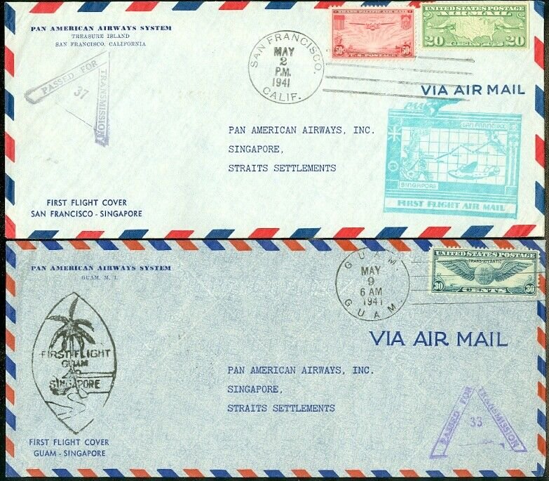 EDW1949SELL : STRAITS SETTLEMENT 5 1941 Air Mail First Flight covers to S'pore