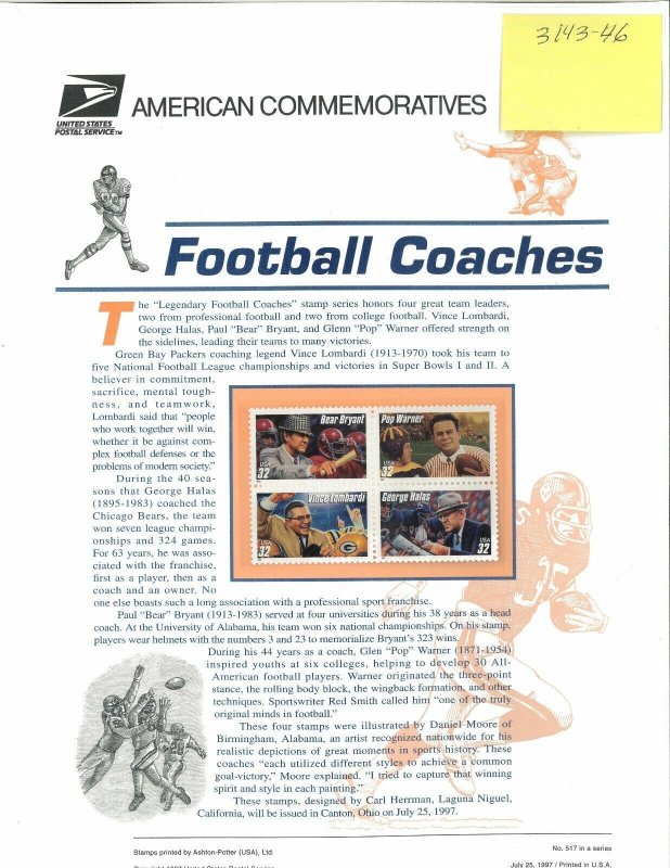 USPS COMMEMORATIVE PANEL #517 FOOTBALL COACHES #3143-3146