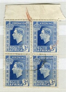 SOUTH AFRICA; 1937 early GVI Coronation issue used POSTMARK Block 3d. value