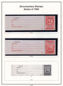 US 1954 21 REVENUE DOCUMENTARY STAMPS, INCLUDING $30, $50, AND $500 NEVER HINGED