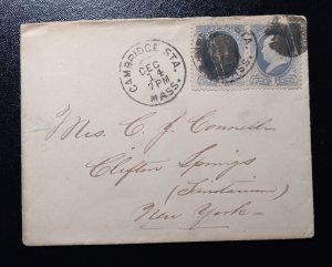 US Scott #145 Postal Cover 1870 Cambridge Mass Station Cancel  ×2 Stamps VF
