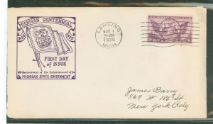 US 775 1935 3c Michigan Statehood Centennial on an addressed first day cover with an A.C. Roessler cachet.