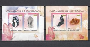 Djibouti, 2008 issue. Butterflies & Minerals. 2 IMPERF sheets of 2. ^