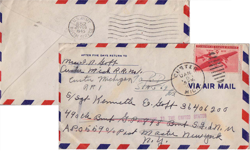 United States A.P.O.'s 6c Transport 1945 Custer, Mich Concession Airmail  to ...