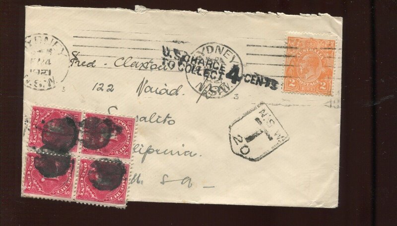 J61 Postage Due Block Used on 1921 Cover Australia to USA LV8083
