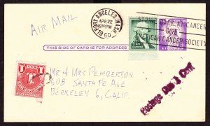 Postal Card, UX46, Uprated 1c for Air Mail with 1c Postage Due Affixed, Slogan