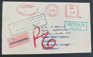 1981 Lundy Channel Island England Returned Postage Due Cover To Denmark