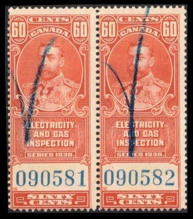 CANADA REVENUE TAX 1930 60c #FEG2 FINE PAIR ELECTRIC & GAS INSPECTION STAMP