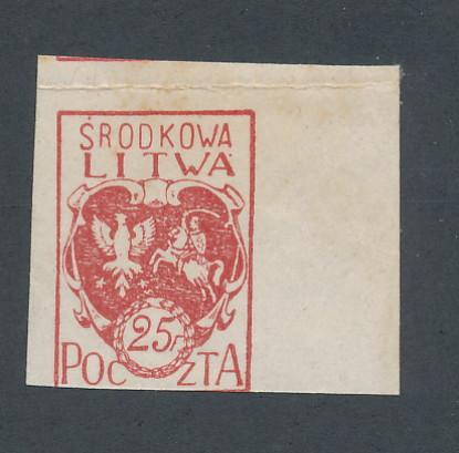 Central Lithuania 1920 Scott 1 imperf. MH - 25f Coat of Arms