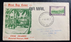 1949 Rarotonga Cook Island First Day Cover FDC To New York USA Pictorial Stamp