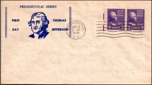 Scott 807EE 3 Cents Jefferson Unknown FDC Unaddressed Planty 807EE-27