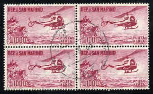 San Marino #C117 Cat$140+, 1961 1000L carmine, block of four, used