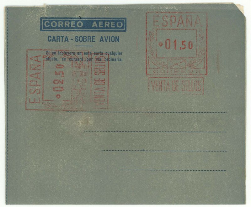 Spain #26a Aerogramme 01.50p+02.50p Postage Stamp Cover Europe Airmail Mint