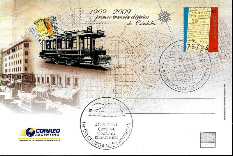 PS-198A ARGENTINA 2009 P STATIONARY FIRST ELECTRIC TRAMWAY CENTENARY FDC