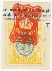 (I.B) Hong Kong Revenue : Stamp Duty 50c (1921)