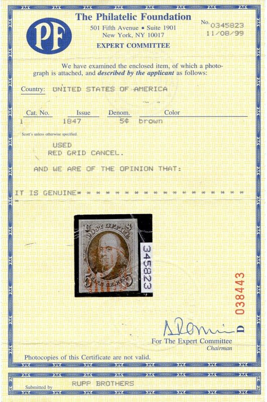 U.S. Scott 1 Used XF-S with PF Cert.