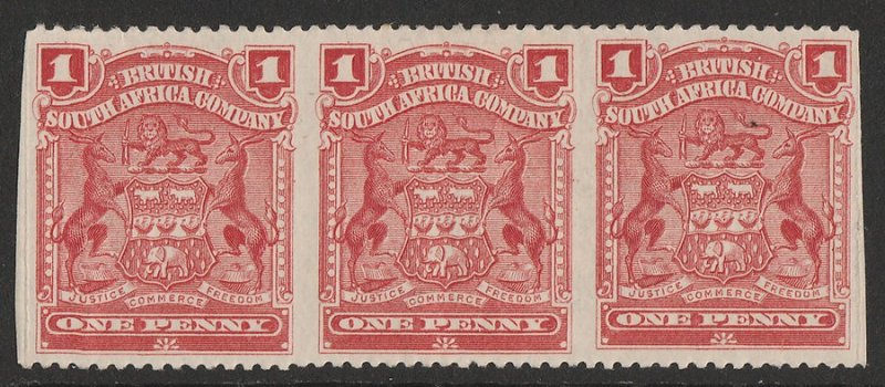 RHODESIA : 1898 Arms 1d strip of 3, error IMPERF VERTICALLY.