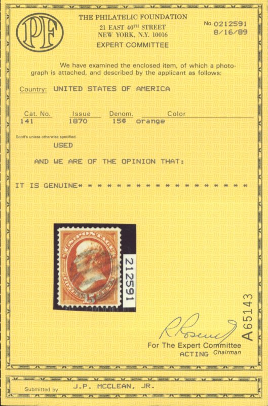 U.S. #141 USED WITH PF CERT