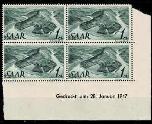 Saar 1947,Sc#171 MNH bloc of 4 with printdate, Mi.#225 Z Br