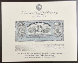 ABNC SO58 1987 Souvenir Card $20 Silver Certificate Republic of Hawaii