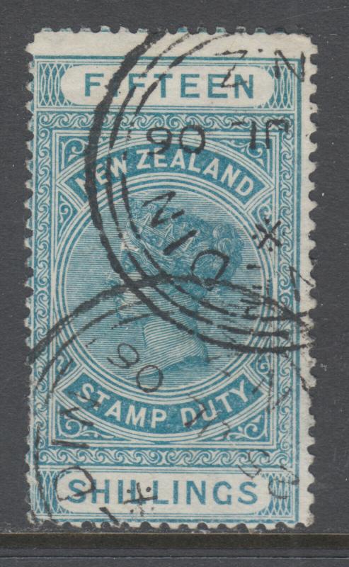 New Zealand Sc AR13, SG F32, used. 1886 15sh dark green QV Postal Fiscal