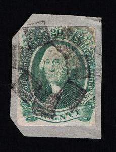 GENUINE CONFEDERATE CSA SCOTT #13 USED GREEN 20¢ ARCHER & DALY 1863 ENGRAVED