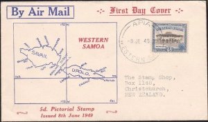 SAMOA 1949 5d new airmail rate value - FDC - Apia cds......................a8678