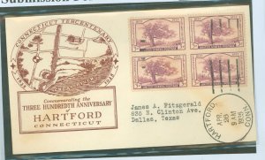 US 772 1935 3c Connecticut Tercentenary (Charter Oak) block of 4 on an addressed (typed) FDC with a Beverly Hills cachet