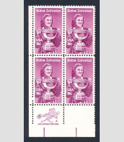 U.S.#1932 Babe Zaharias 18c  Zip Block of 4, MNH.  See description.