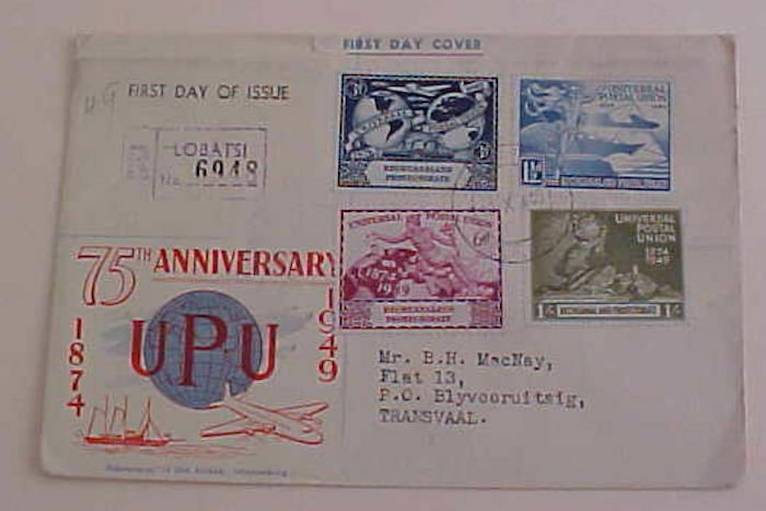 BECHUANALAND FDC UPU 1949 OCT 10 LOBATSI REGISTERED CACHETED