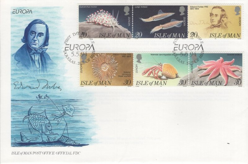 Isle of Man 1994 FDC Sc 596a, 599a Marine Life, Edward Forbes EUROPA