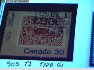 Canada # 909 T1 G1 VF USED TAG ERROR TAG WASH OVER ENTIRE STAMP BS27731