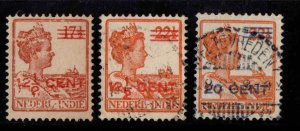 Netherlands Indies  Scott 144-146 used surcharged Queen Wilhelmina stamps