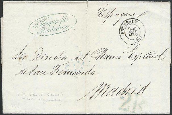 FRANCE TO SPAIN 1855 folded entire Bordeaux to Madrid via Bayonne..........49414