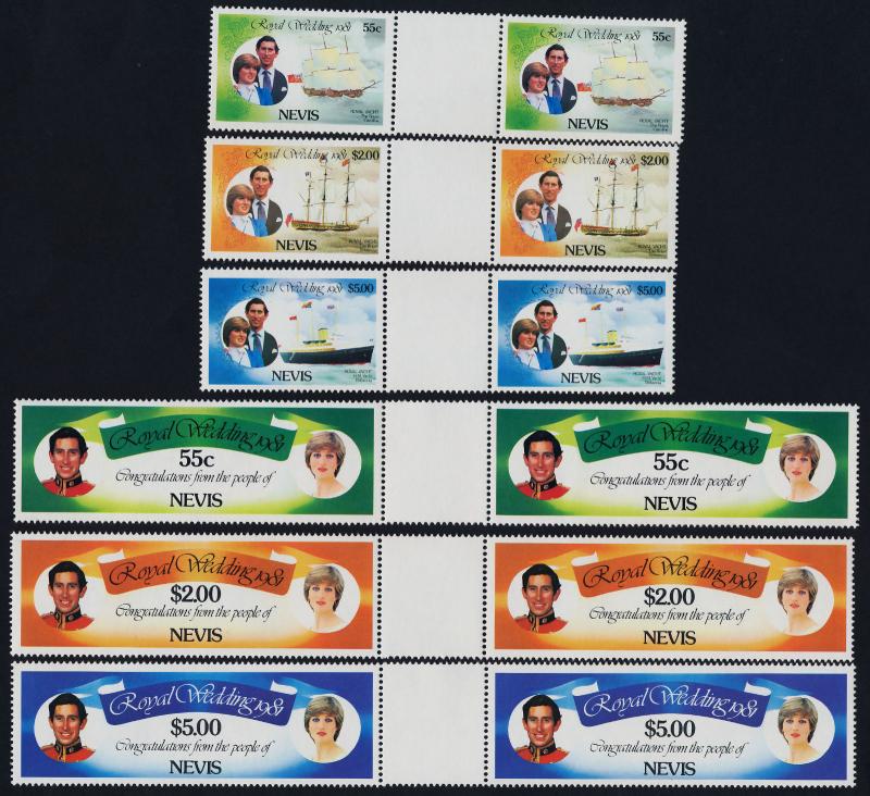 Nevis 135-40 Gutter pairs MNH Prince Charles, Princess Diana Wedding, Ship