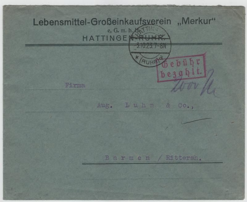 3 October 1923 gebuhr bezahlt Stampless Cover
