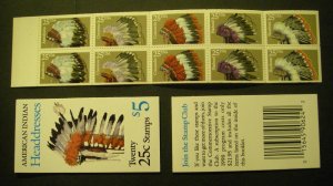 BK179, Scott 2505a, 25c Indian Headdresses, #1, MNH Complete Booklet