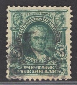 US Stamp #313 $5 Dark Green Marshall USED SCV $700. Beautiful margins!