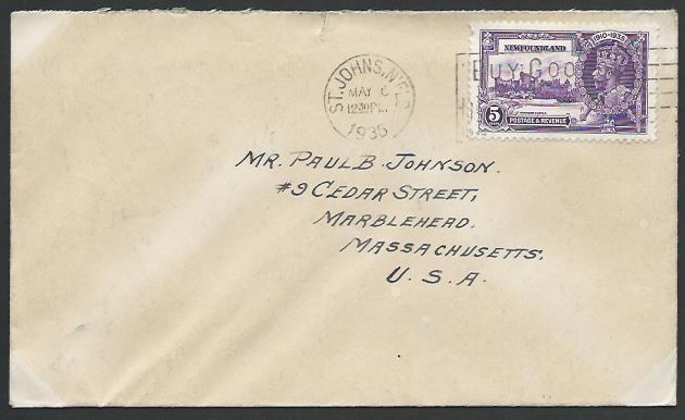 NEWFOUNDLAND 1935 5c Jubilee on cover - first day cancel...................53081