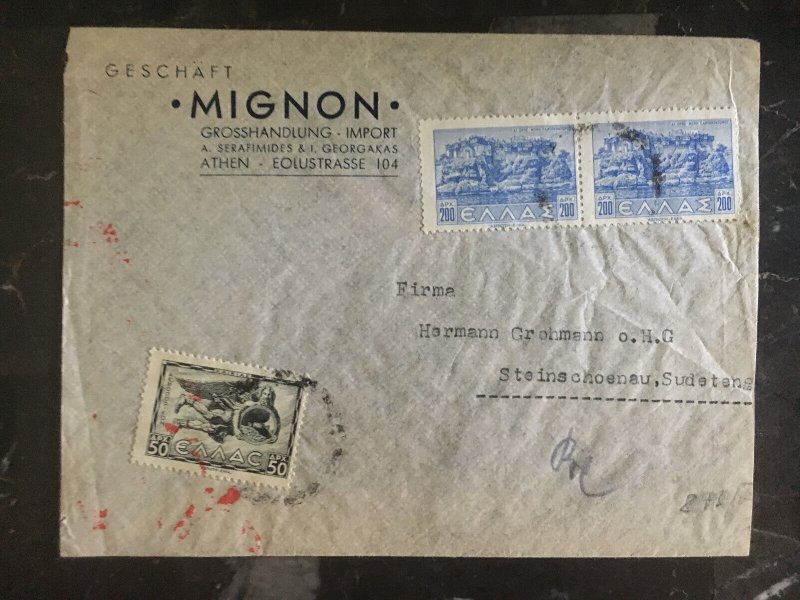 1940s Athens Greece Dual Censored Cover to Sudetenland Germany Mignon