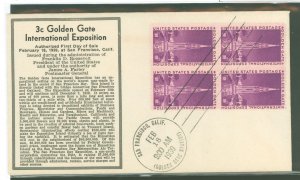 US 852 1939 3c Golden Gate International Expo (block of four) onan unaddressed first day cancel with an expo cancel and an Imper