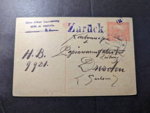 1920 Czechoslovakia Postcard Cover to Dresden Sachsen Germany Returned
