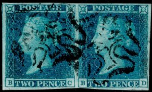 SG14, 2d blue PLATE 3, FINE used. Cat £1100. BLACK MX with NO.12. PAIR. BC BD