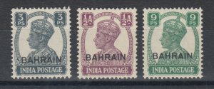 Bahrain Sc 38-40 MNH. 1943 3p, ½a and 9p KGVI overprints, 3 different, fresh, VF