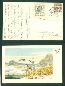 Denmark. Christmas Card 1942 With Seal + 7 Ore.Vejen. Ducks,Lake.Cancel: 24 Dec.