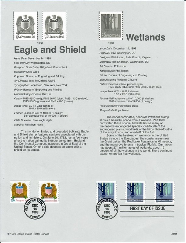 US SP1293 Wetlands, Eagle & Shield Souvenir Page #3207A, 3270-3271