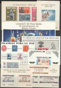 MEXICO NINE DIFF SOUV SHEETS, OLYMPICS, SPACE, STAMP ON STAMP, SPORTS, MINT, NH.