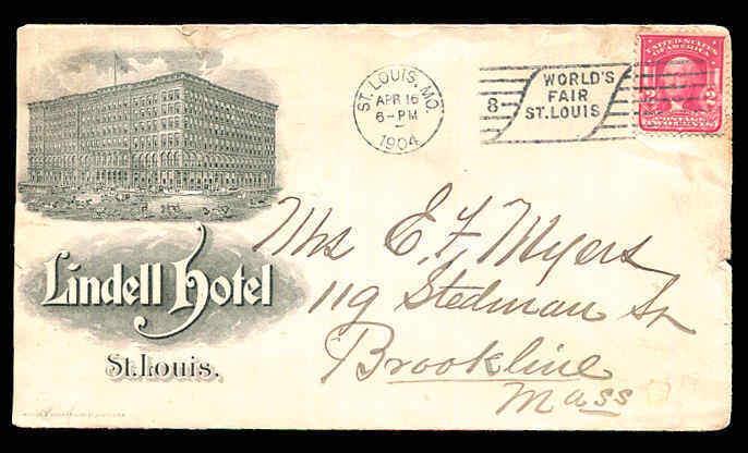 1904 Lindel Hotel Illustrated Ad Cover St. Louis MO 2¢ Worlds Fair Cancel VF