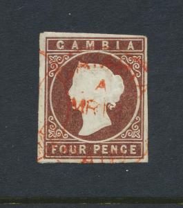 GAMBIA 1874, 4d BROWN WMK CC, VF USED SG#5 (SEE BELOW)