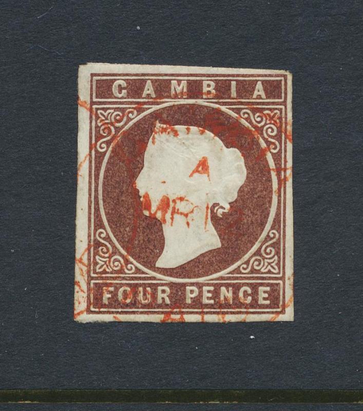 GAMBIA 1874, 4d BROWN WMK CC, VF USED SG#5 (SEE BELOW)